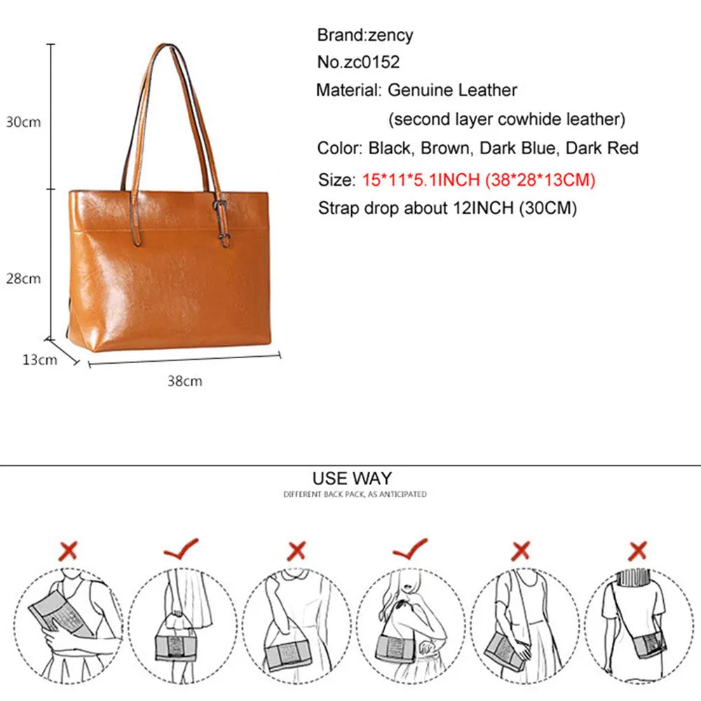 New Style Brown Women Handbag 100% Genuine Leather Shoulder Purse Ladies Tote Bag Large Shopping Bags