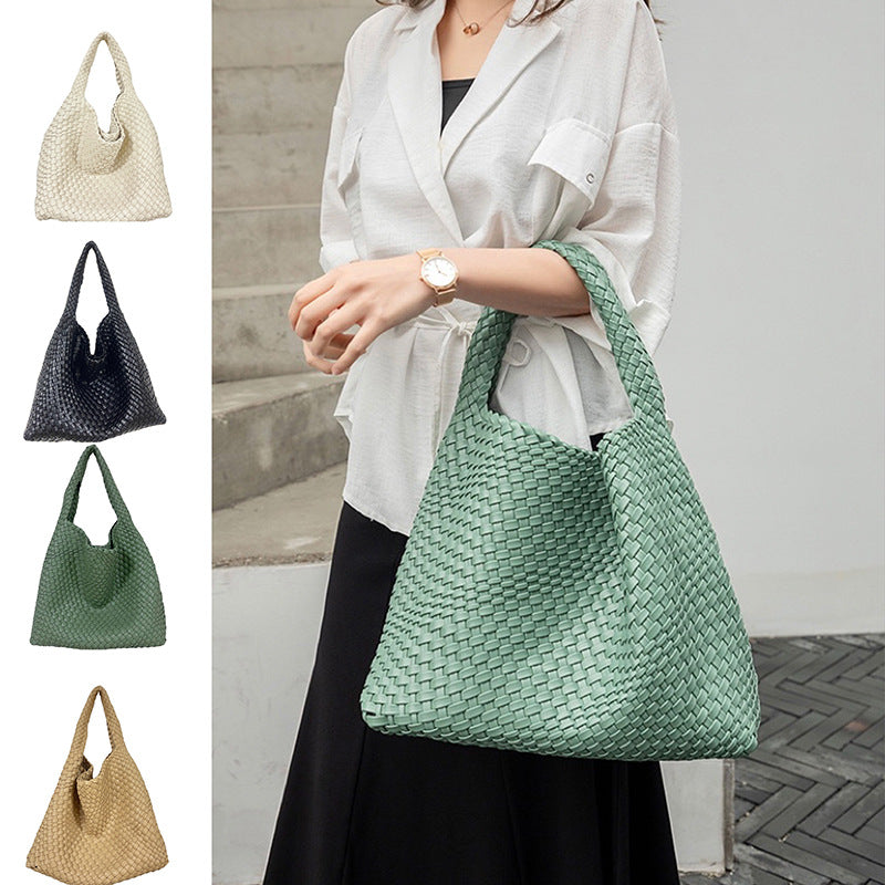 Soft Leather Woven Shoulder Large Bag Oversized Capacity Bucket Bag Fashion Tote Bag Shopping Travel Handbag