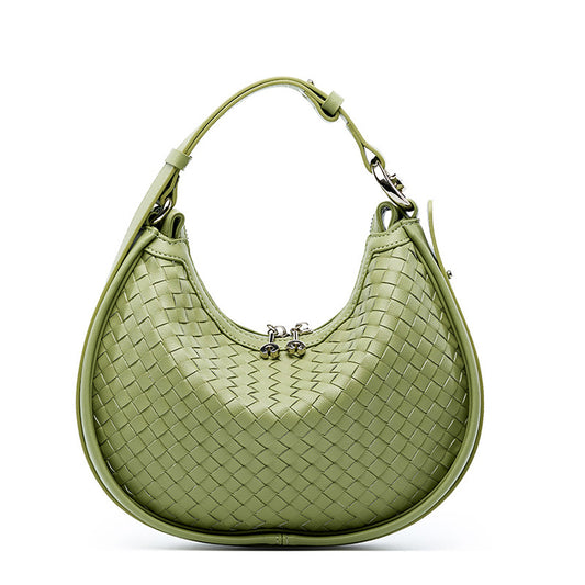 2024 New Niche Cowhide Woven Handbag Fashion Armpit Bag Women's Shoulder Crossbody Moon Bag