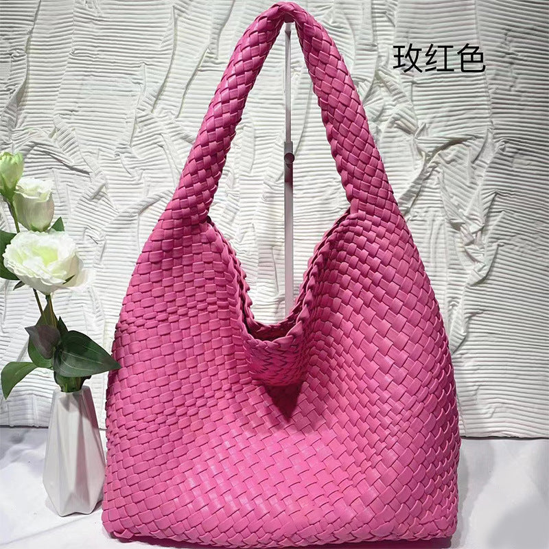 Soft Leather Woven Shoulder Large Bag Oversized Capacity Bucket Bag Fashion Tote Bag Shopping Travel Handbag