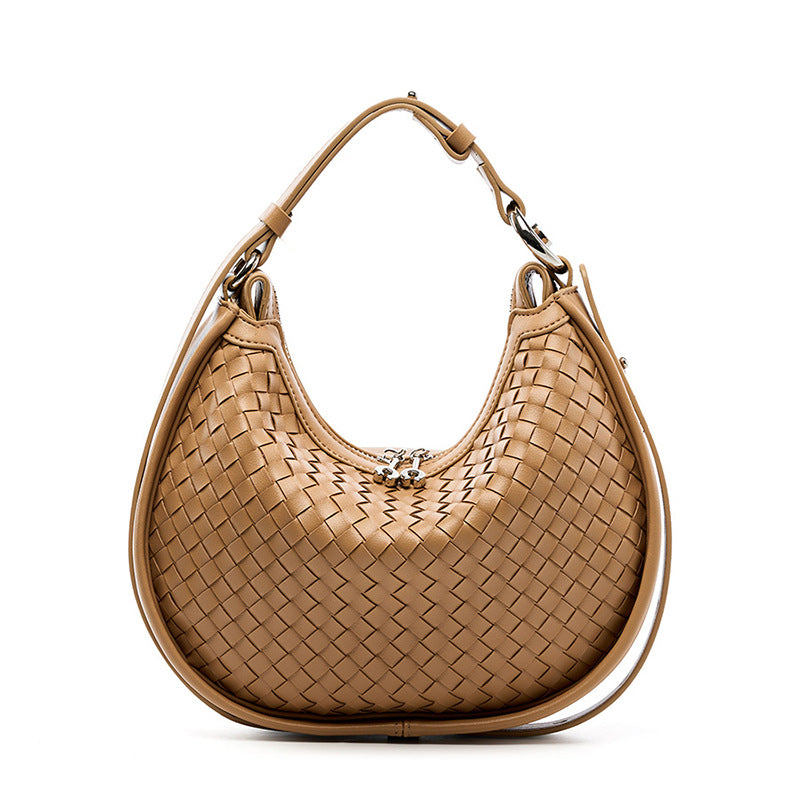 2024 New Niche Cowhide Woven Handbag Fashion Armpit Bag Women's Shoulder Crossbody Moon Bag