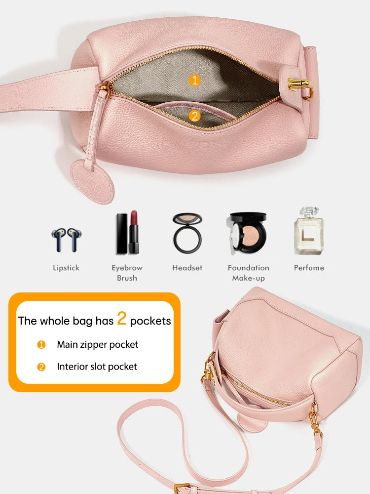 Women Genuine Leather Pillow Bag Small Boston Tassel For Girls Grey Pink