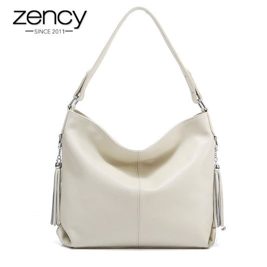 2024 New Fashion Soft Real Genuine Leather Tassel Women's Handbag Elegant Ladies Hobo Crossbody Bag