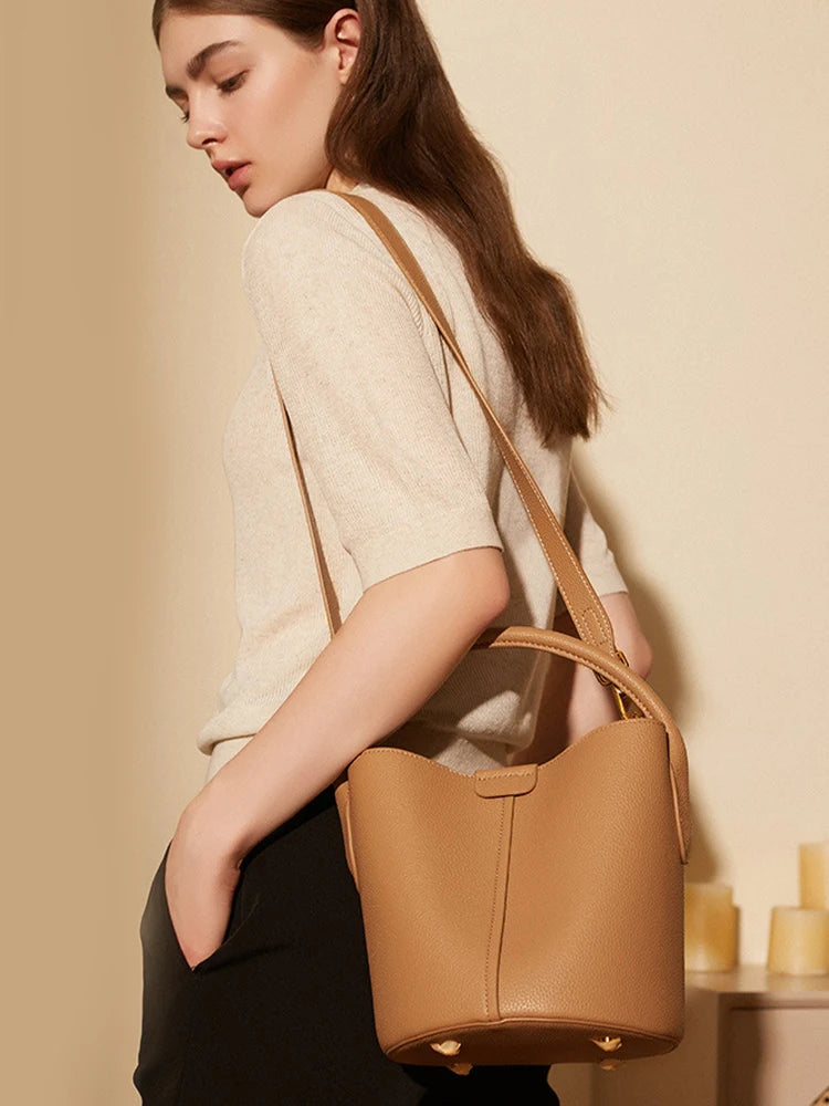Genuine Leather Beige Composite Bag Women Casual Tote Bucket Bag For Shopper