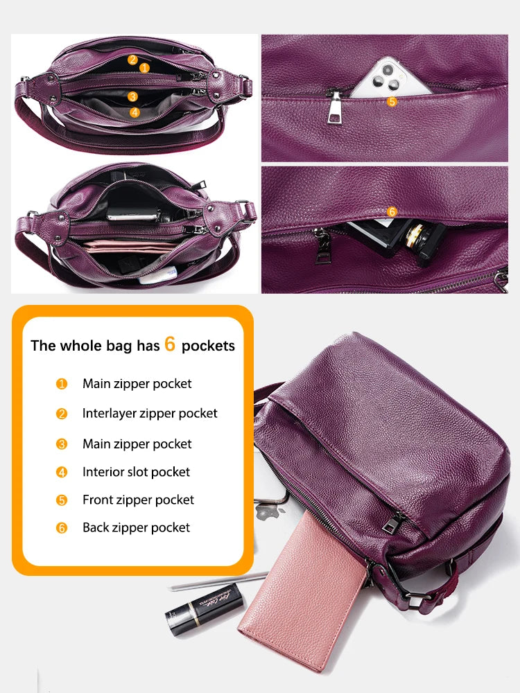 Zency 100% Genuine Leather Fashion Purple Women Shoulder Bag