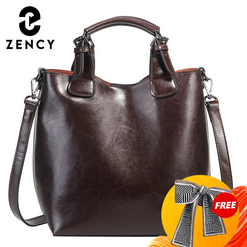 Zency Retro Coffee 100% Genuine Leather Tote Handbag Women Bucket Bag