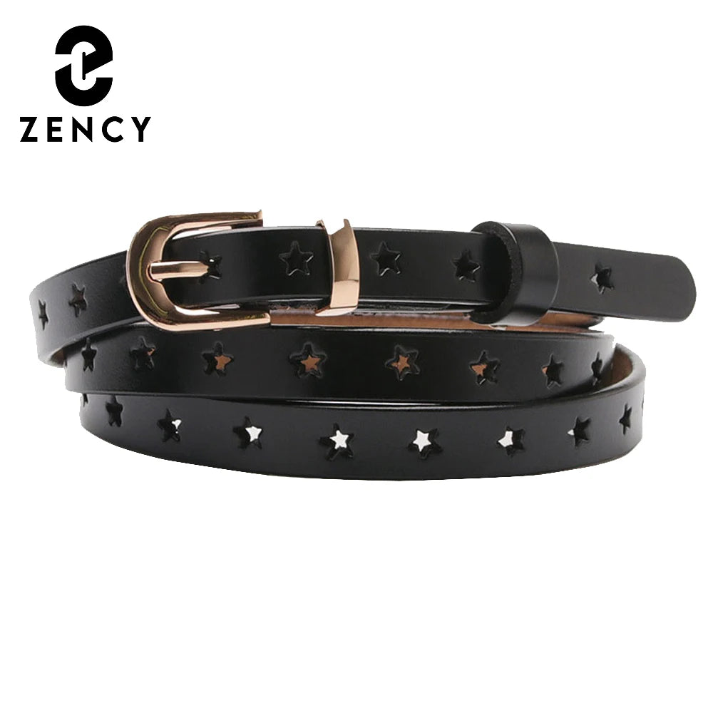 Zency 100% Genuine Leather Women Waist Belts Five-pointed Star Hollow-out Wild Sweater Skirt Pants Decorative Belt