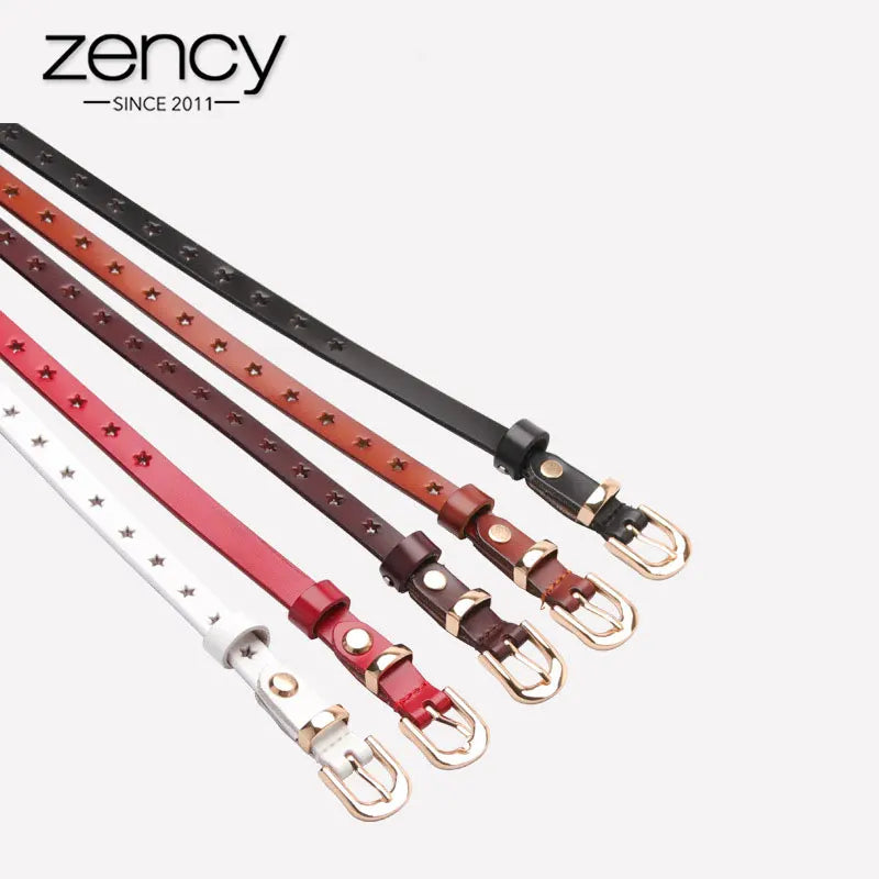 Zency 100% Genuine Leather Women Waist Belts Five-pointed Star Hollow-out Wild Sweater Skirt Pants Decorative Belt