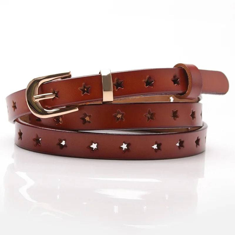 Zency 100% Genuine Leather Women Waist Belts Five-pointed Star Hollow-out Wild Sweater Skirt Pants Decorative Belt