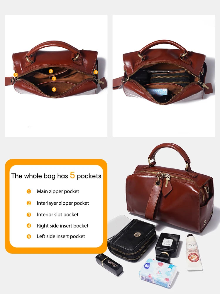 Zency Retro Oil Wax Leather Handbag Women Shoulder Bag