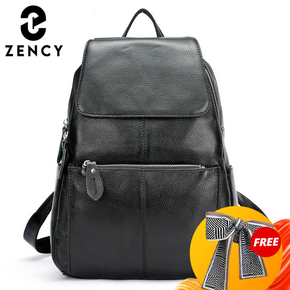 Zency Genuine Leather Women Backpack A++ Quality Anti-theft Large Capacity Knapsack Travel Bag Lady Stylish School Rucksack