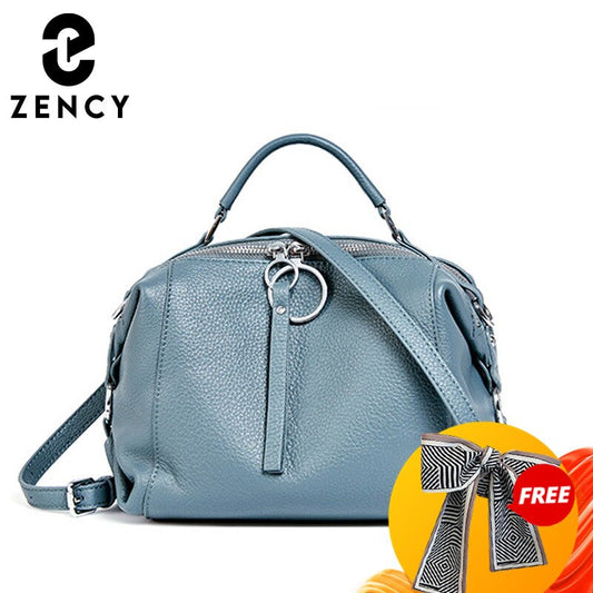 Zency Casual Tote Crossbody Soft Genuine Leather Handbag Elegant Women Shoulder Bag Double Zipper Tassel Pockets Blue Black