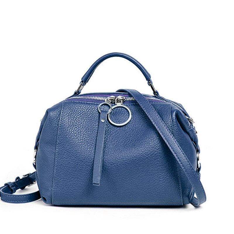 Zency Casual Tote Crossbody Soft Genuine Leather Handbag Elegant Women Shoulder Bag Double Zipper Tassel Pockets Blue Black