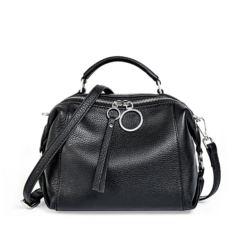 Zency Casual Tote Crossbody Soft Genuine Leather Handbag Elegant Women Shoulder Bag Double Zipper Tassel Pockets Blue Black