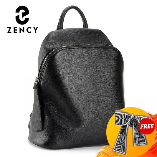 Zency Cowhide 100% Genuine Leather Black Women Backpack Vintage Travel Bags Notebook Schoolbag For Girls Daily Holiday Knapsack