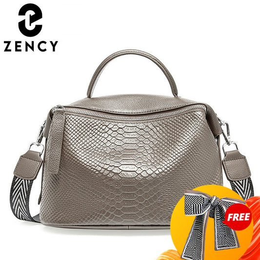 Zency Crocodile Pattern Women Tote Handbag Made Of Genuine Leather Daily Casual Crossbody Shoulder Bag For Lady Black Grey