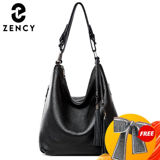 Zency Fashion Women Shoulder Bag 100% Genuine Leather Daily Casual Shopping Hobos Classic Black Tote Handbag Crossbody Bags