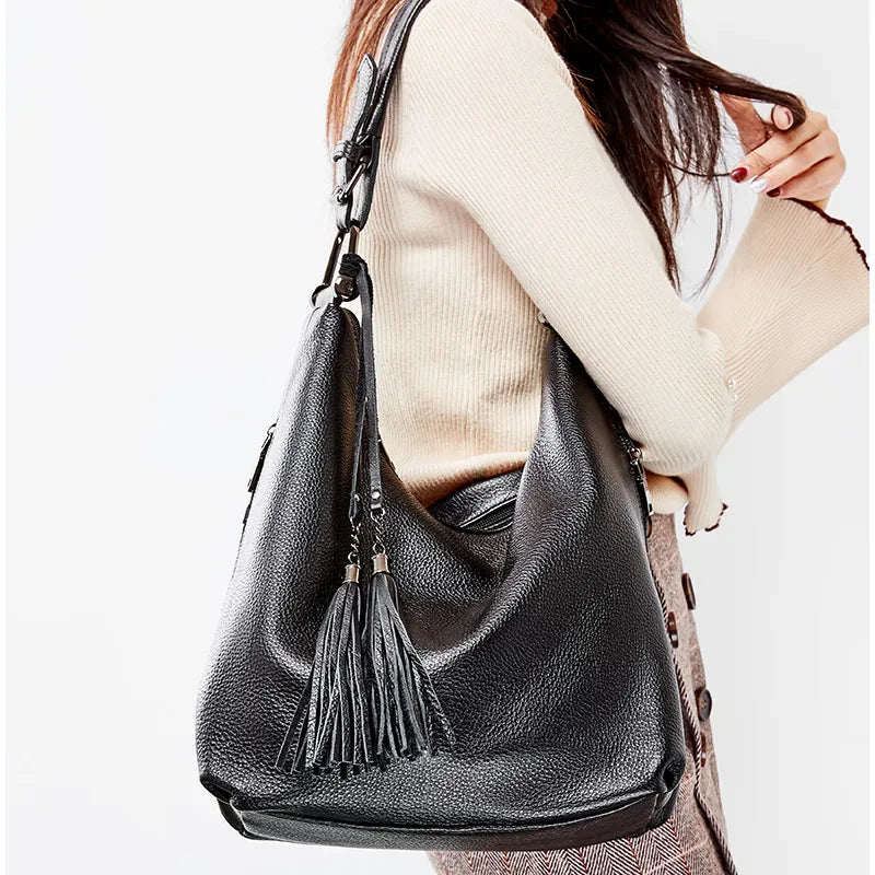 Zency Fashion Women Shoulder Bag 100% Genuine Leather Daily Casual Shopping Hobos Classic Black Tote Handbag Crossbody Bags