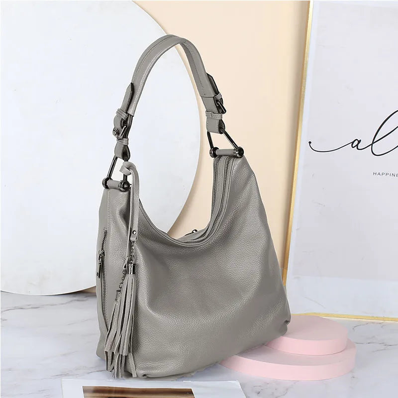 Zency Fashion Women Shoulder Bag 100% Genuine Leather Daily Casual Shopping Hobos Classic Black Tote Handbag Crossbody Bags