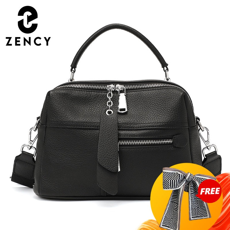 Zency Genuine Leather Handbag Female High Quality Box Bag Classic Fashion Vintage Lady Shoulder Black Crossbody Tote Top-handle