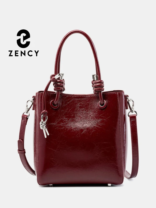 Zency Genuine Leather Shoulder Bag For Women Tote 2024 New Cherry Red Black Composite Bag