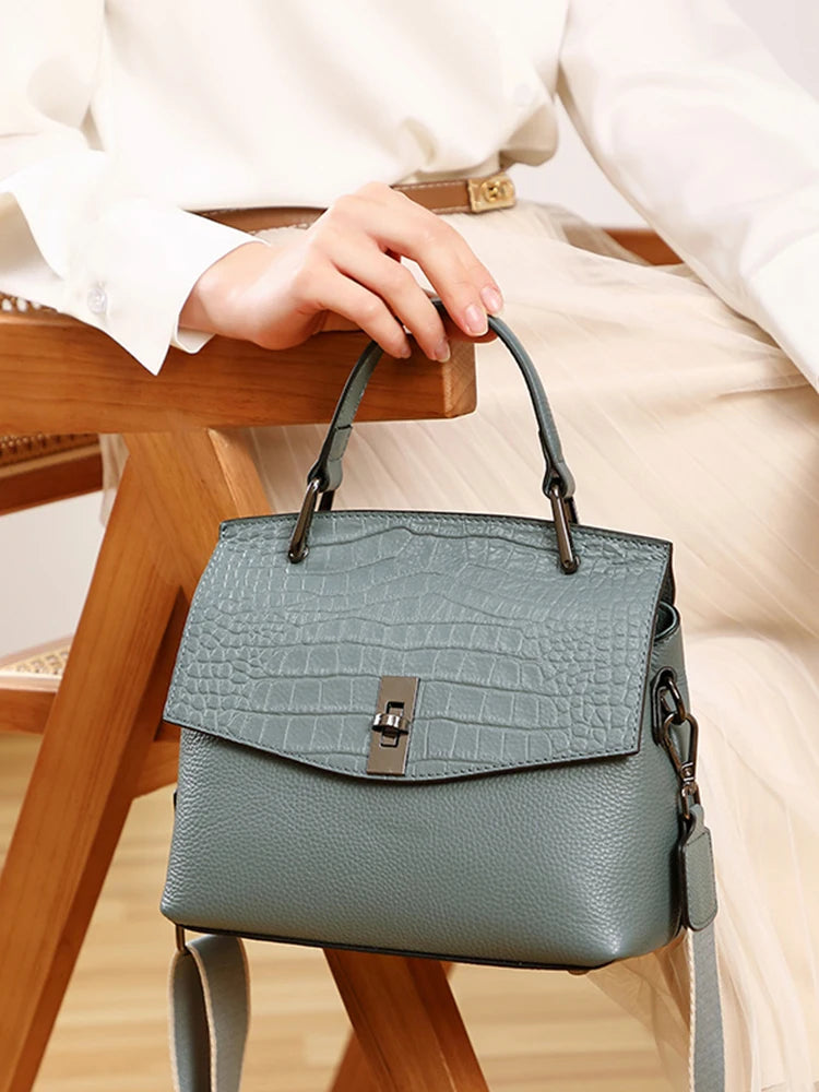 Zency Genuine Leather Women's Handbag Stone Vintage Tote Bag Luxury Brand