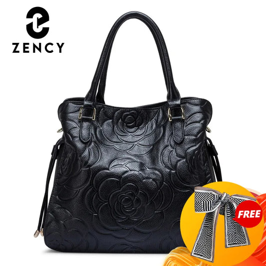 Zency Lady Tote Bag Genuine Leather Embossed Rose Decorate Sling