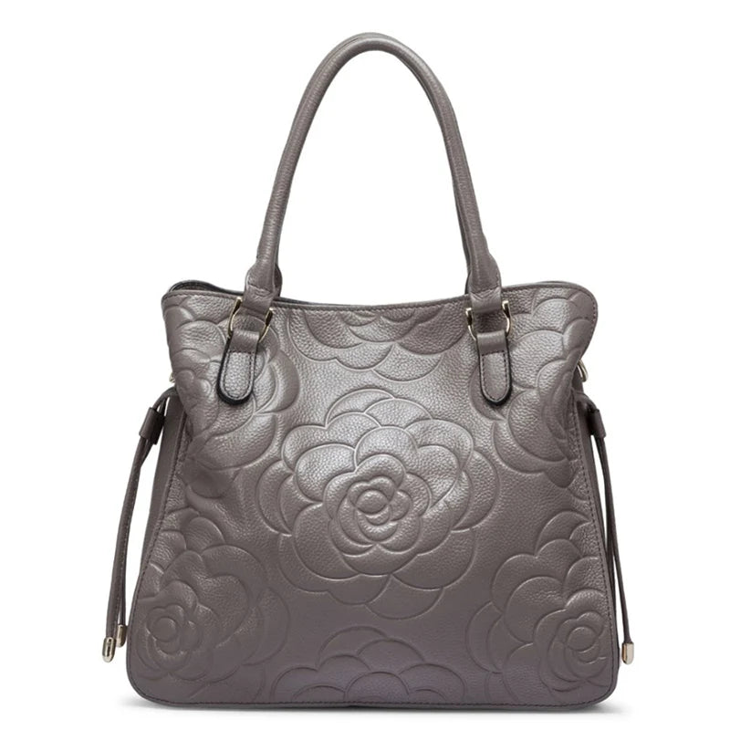 Zency Lady Tote Bag Genuine Leather Embossed Rose Decorate Sling