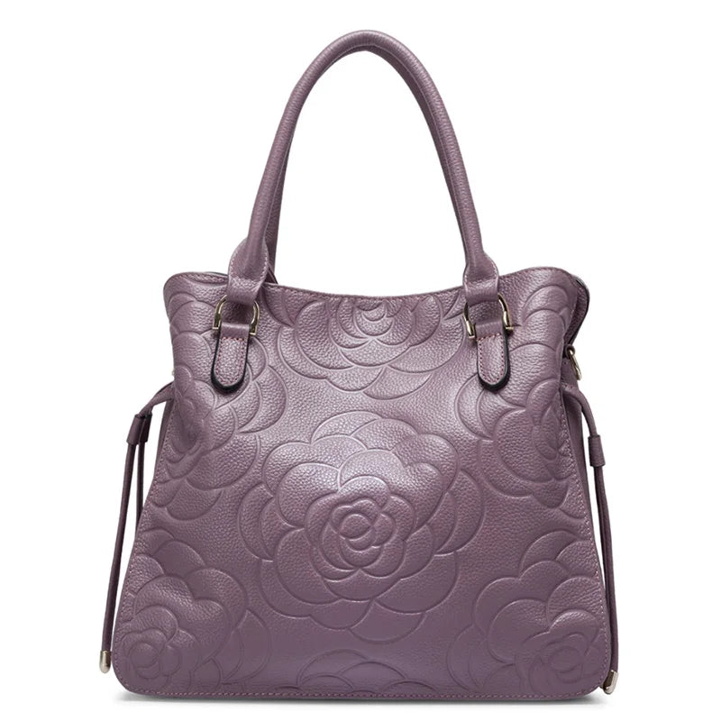 Zency Lady Tote Bag Genuine Leather Embossed Rose Decorate Sling