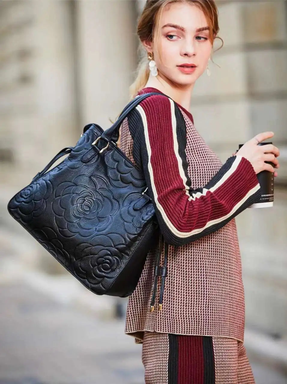 Zency Lady Tote Bag Genuine Leather Embossed Rose Decorate Sling