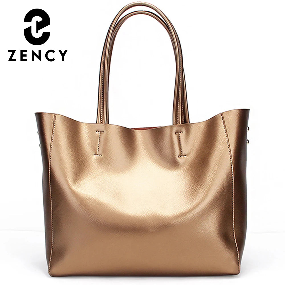 Zency Luxury Gold Women Shoulder Bag Two Layer Leather Large Capacity Handbag