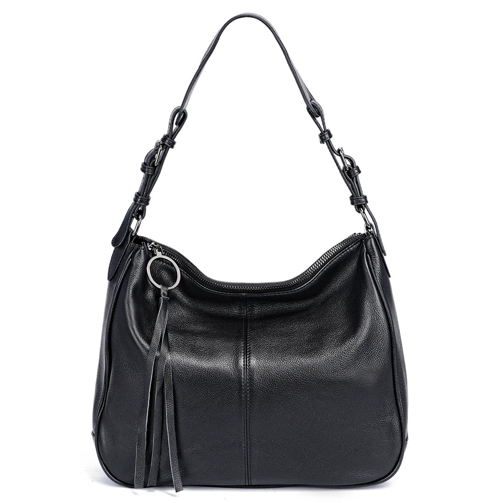 Zency New Black Beige Genuine Leather Hobo Bag Women Simple Classic Casual Handbag Shoulder Tote Soft Crossbody