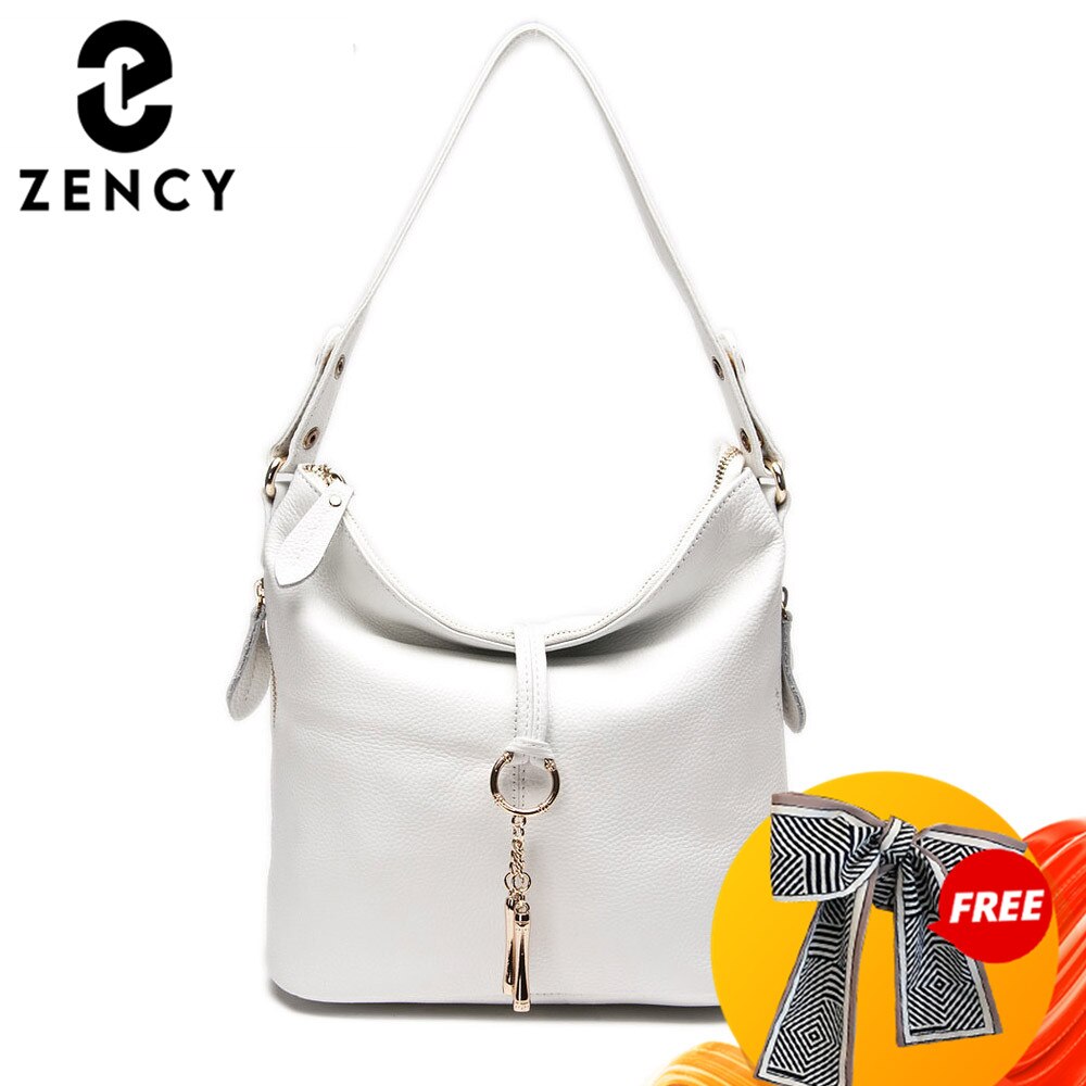 Zency New Fashion Women Shoulder Bag Metal Tassel 100% Genuine Leather Lady Crossbody Messenger Elegant Gift Handbag Black White