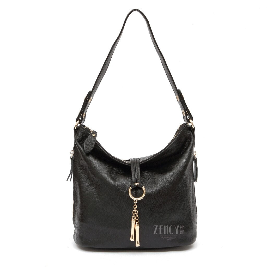 Zency New Fashion Women Shoulder Bag Metal Tassel 100% Genuine Leather Lady Crossbody Messenger Elegant Gift Handbag Black White