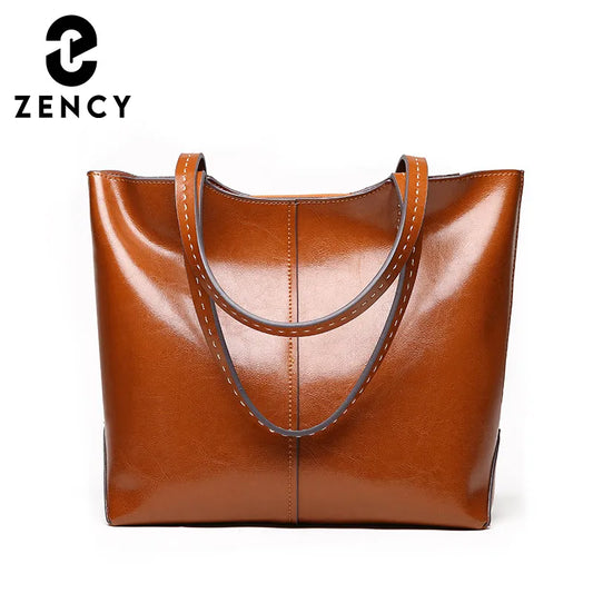 Zency Leather Women Shoulder Bag Retro Brown Tote Large Capacity