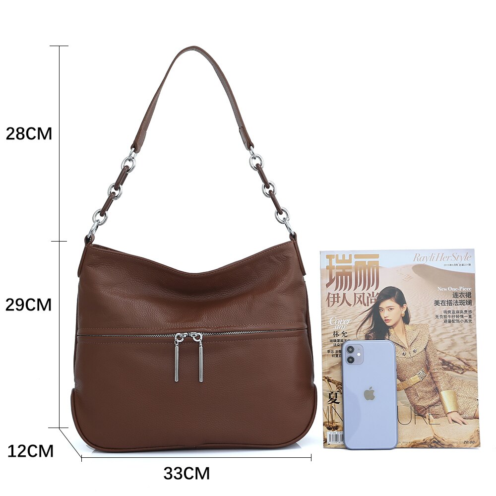 Zency Soft Cowhide Leather Women's Shoulder Bag Casual Commuter High Capacity Female Crossbody Handbag Vintage Shopper