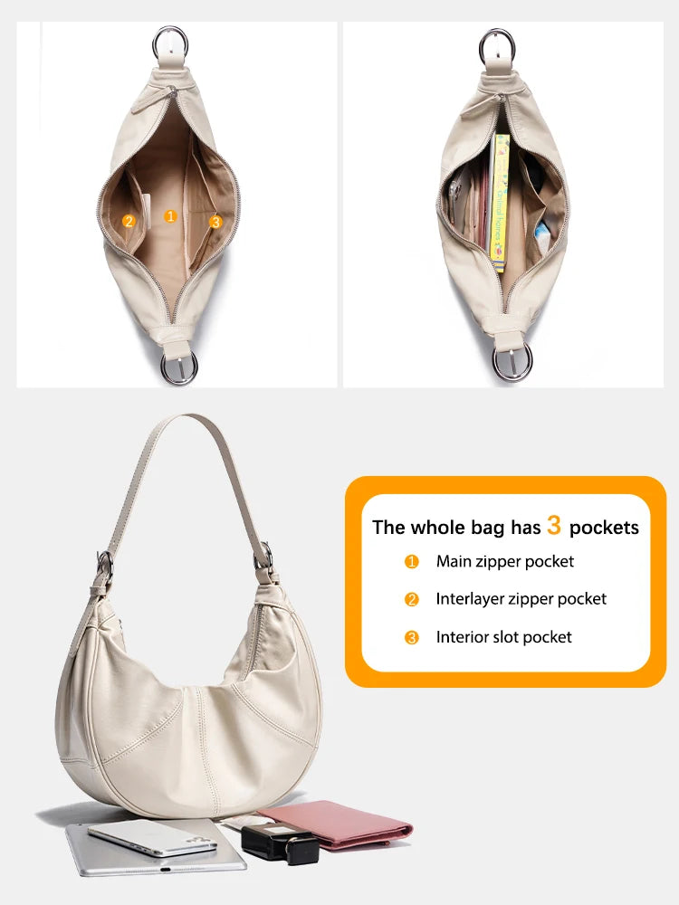 Zency Women 100% Genuine Leather Beige Hobo Bag Korean Style