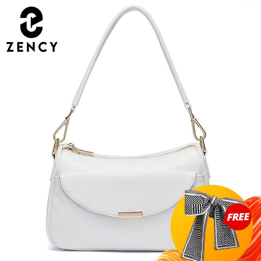 Zency Women Shoulder Bag 100% Genuine Leather White Small Bag Lady Messenger Crossbody Purse Simple Black Handbag