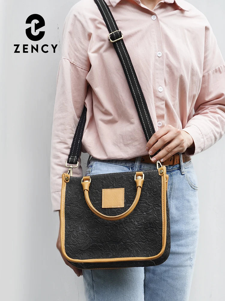 Zency Women Shoulder Bag Genuine Leather Designer Embossing Brown Bag