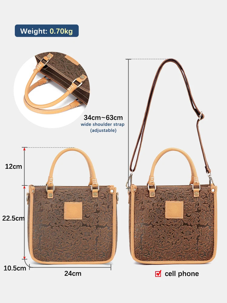 Zency Women Shoulder Bag Genuine Leather Designer Embossing Brown Bag