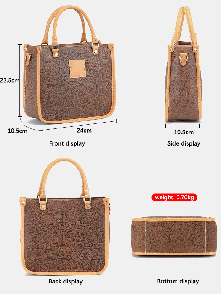 Zency Women Shoulder Bag Genuine Leather Designer Embossing Brown Bag