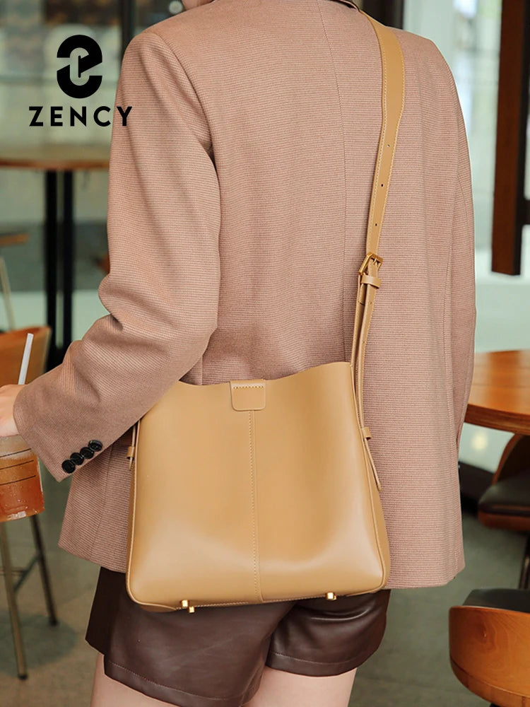 Zency Women Split Leather Tote Bag Luxury Designer Bucket Bags Handbag