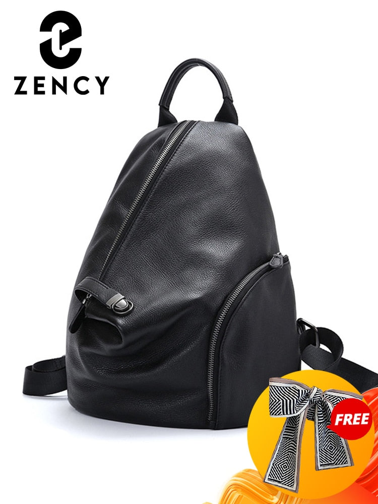 Zency Women's 100% Leather Backpack Classic Black Schoolbag Knapsack Anti-theft Zipper Buckle Travel Bag College Bag