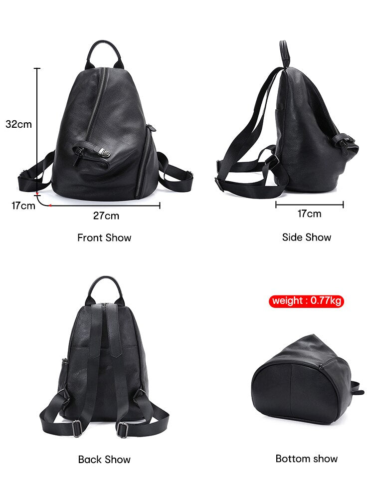 Zency Women's 100% Leather Backpack Classic Black Schoolbag Knapsack Anti-theft Zipper Buckle Travel Bag College Bag