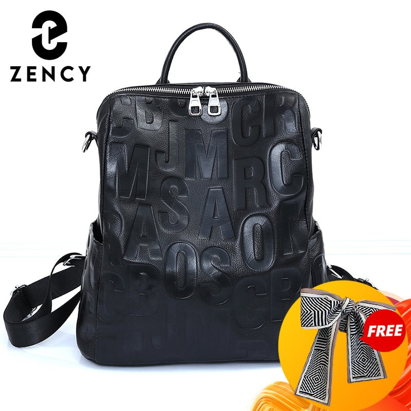 Zency Women's Genuine Leather Backpack Top Quality Silver Hardware Summer Unique Letter Shoulder Travel Knapsack Rucksack Girls