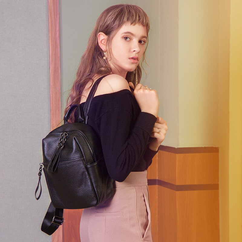 Zency Women's Simple Black Backpack Genuine Leather