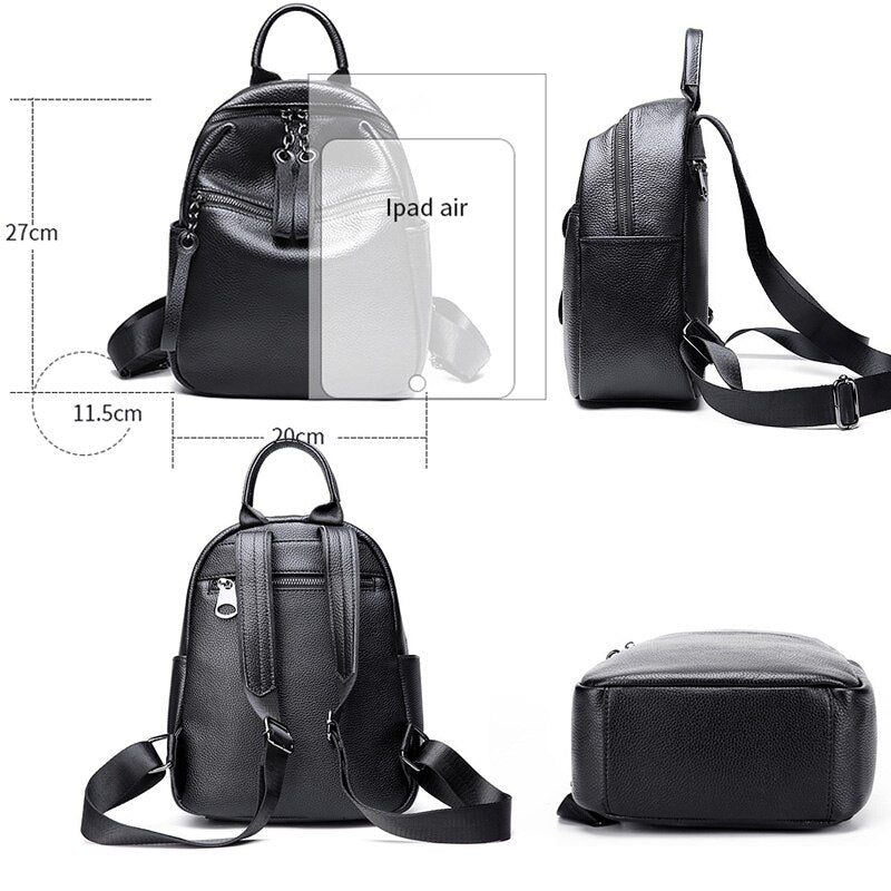 Zency Women's Simple Black Backpack Genuine Leather
