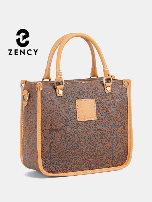 Zency Women Shoulder Bag Genuine Leather Designer Embossing Brown Bag