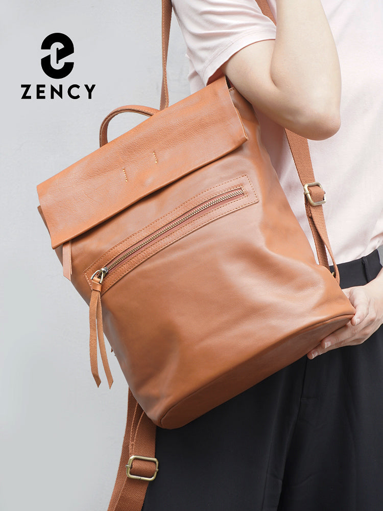 Zency Women's Retro Cowhide Leather Backpack Fit 10 inch Ipad A4 Magazine Flap Bag Satchel