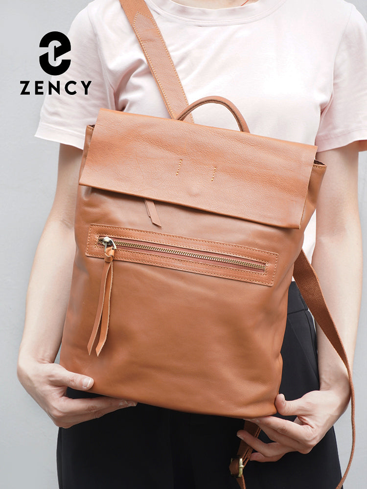 Zency Women's Retro Cowhide Leather Backpack Fit 10 inch Ipad A4 Magazine Flap Bag Satchel